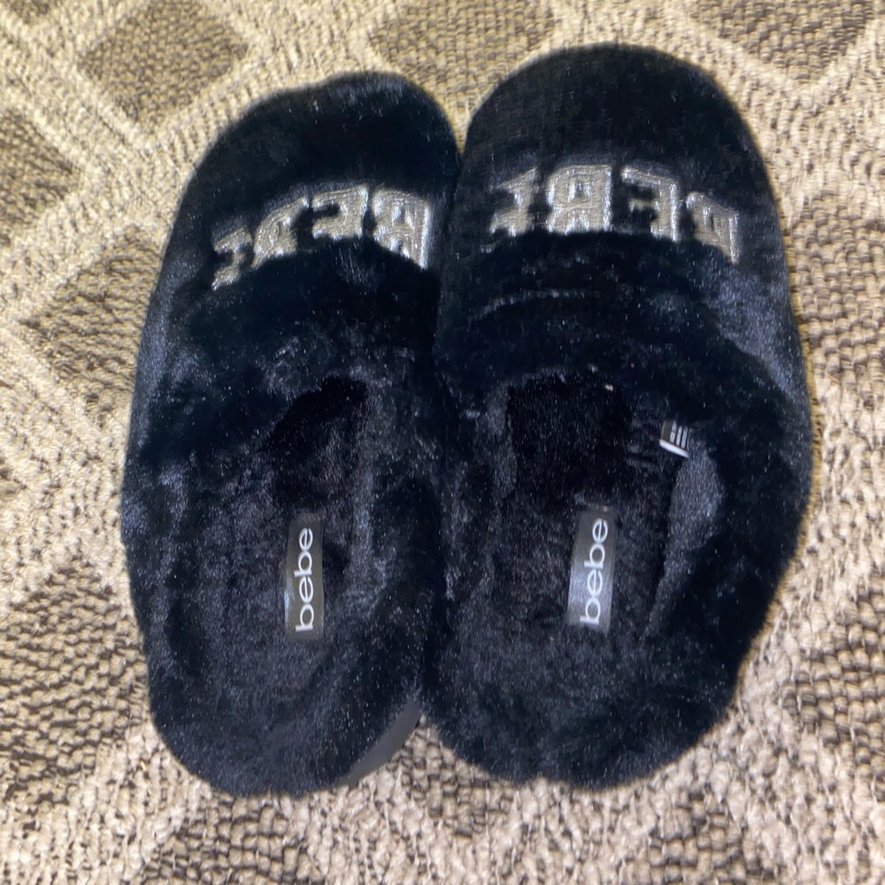 Bebe Black Plush Slippers with Silver Logo